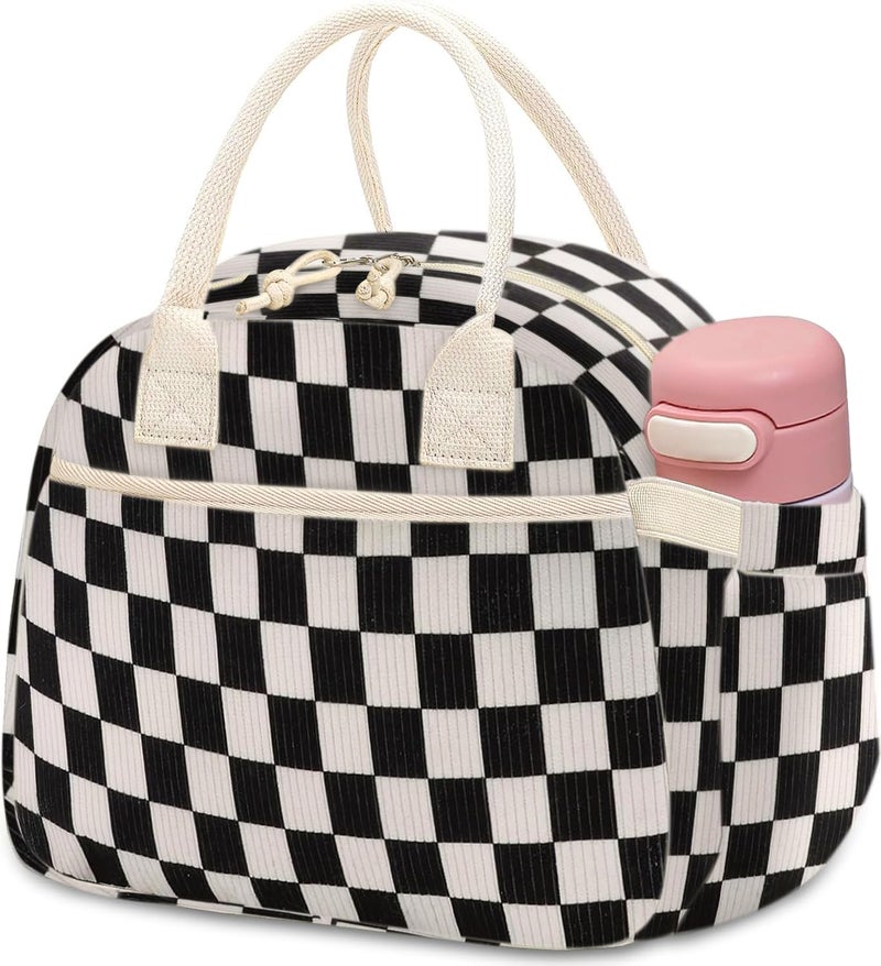 Carry bloom Lunch Box for Women, Insulated Lunch Bag Cute Corduroy Lunchbag Reusable Lunchbox for Work (checkered black white) - Image 1